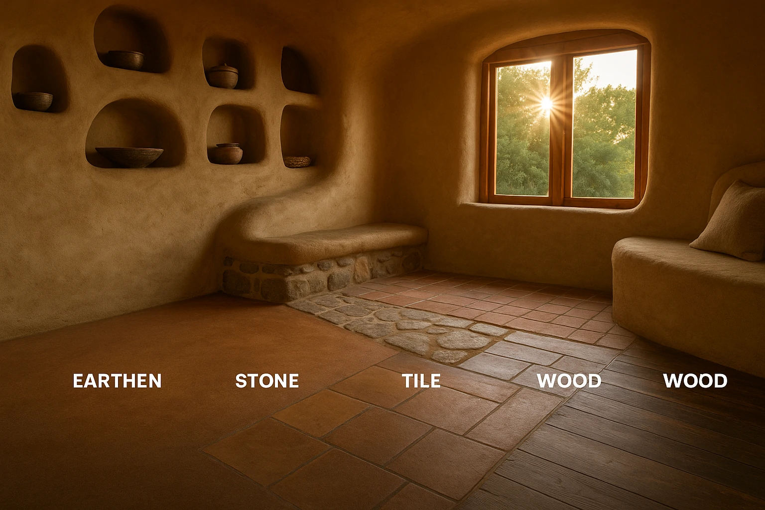 Interior of a cob house showing earthen, stone, tile, and wood floor types with built-in seating and soft wall curves.