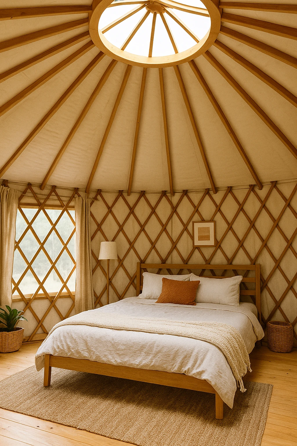 Softly lit yurt bedroom with a low bed, natural textures, and skylight above