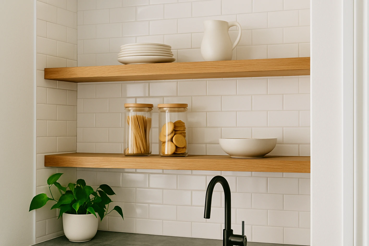 Modern kitchen with open wood shelving, white subway tile backsplash, ceramic dishes, glass jars, and a small green plant above black faucet.