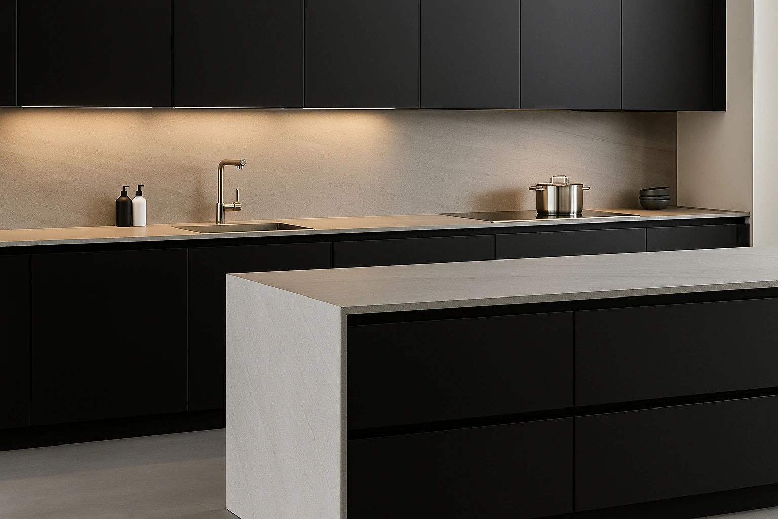 Minimalist Porsche Design kitchen with black cabinets, stone counters, and sleek layout