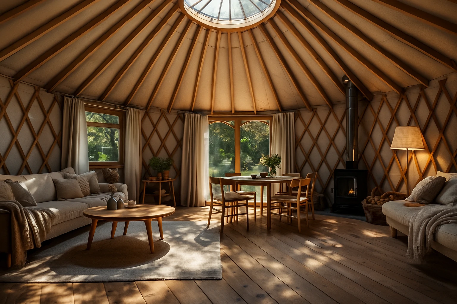Yurt interior showing a dining and lounge area with wood furniture and soft lighting.