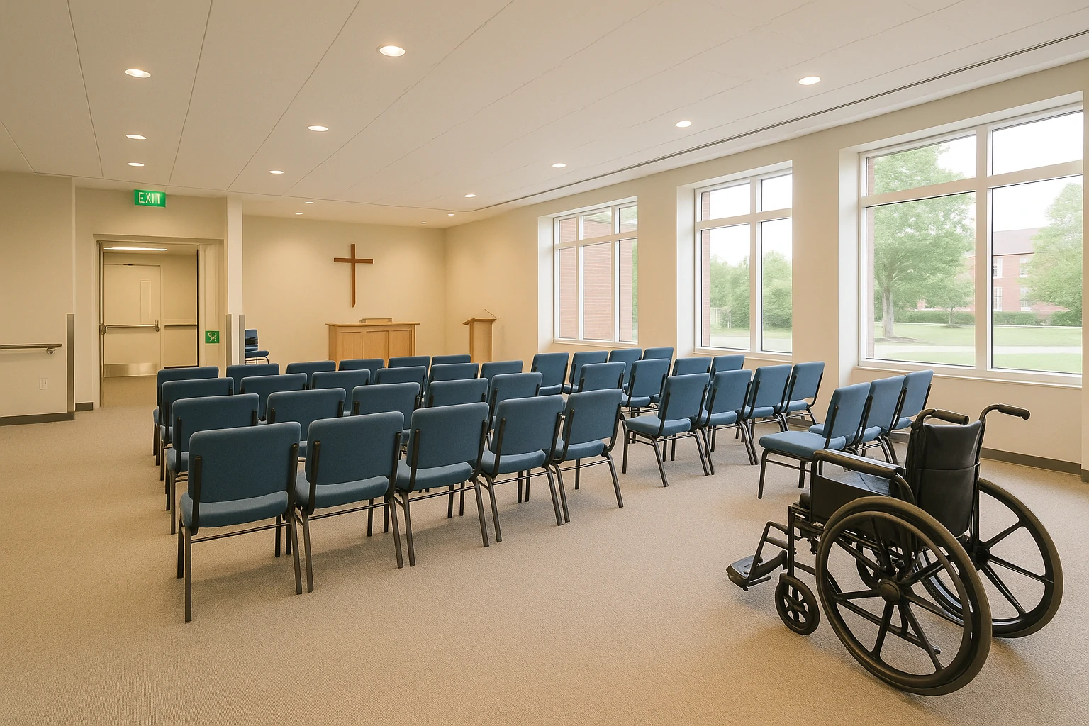 Inclusive church layout showing wheelchair space near chairs, natural light, and simple altar with cross.