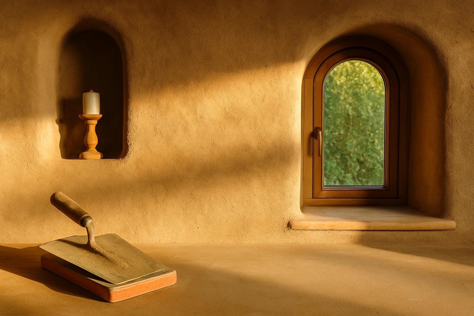 Interior cob wall sealed with smooth lime plaster beside an arched wood window and a resting trowel.