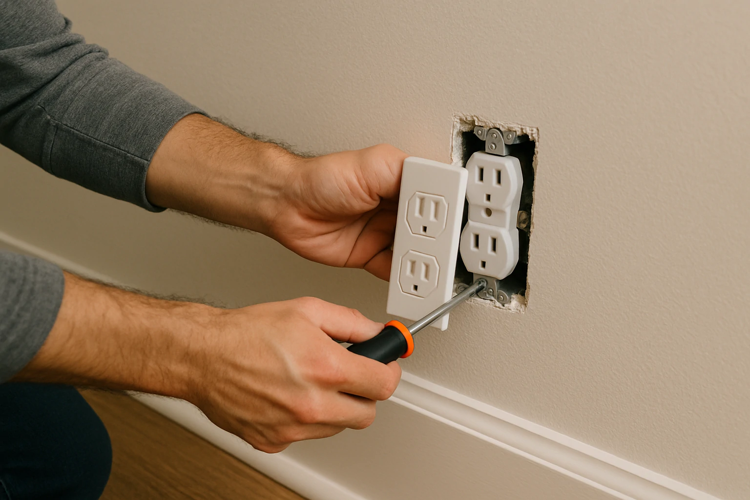 Hands repairing a loose electrical outlet on a wall using a screwdriver, with neutral decor and wood flooring.
