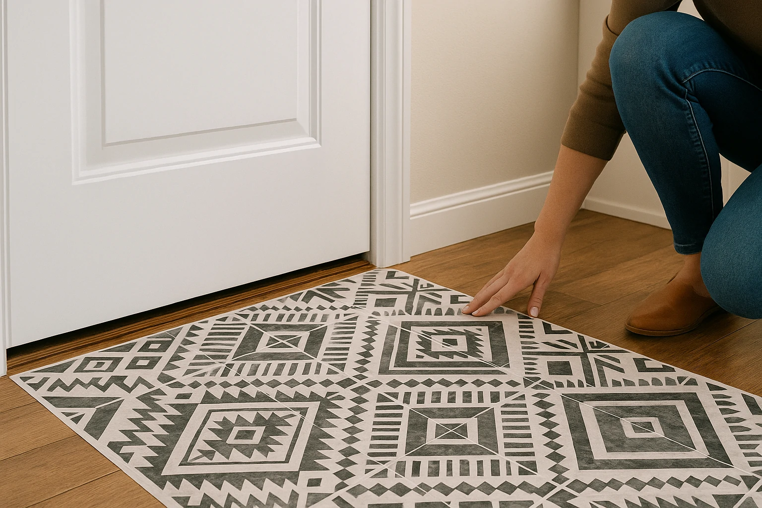 Modern room floor with patterned rug and decorative tile stickers creating an updated and stylish look.