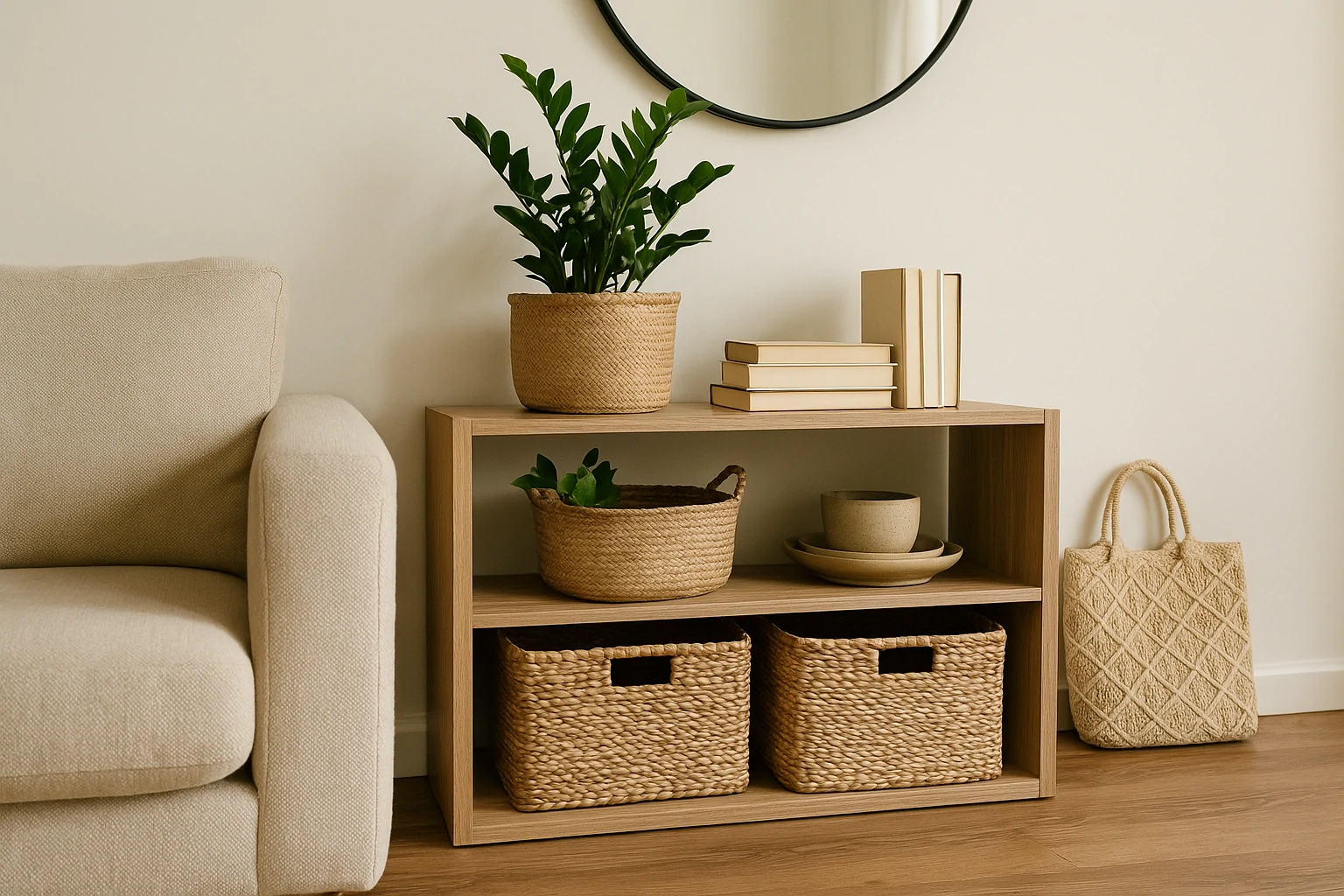 Living room corner with wooden shelf, woven storage baskets, green plant, books, and neutral sofa.