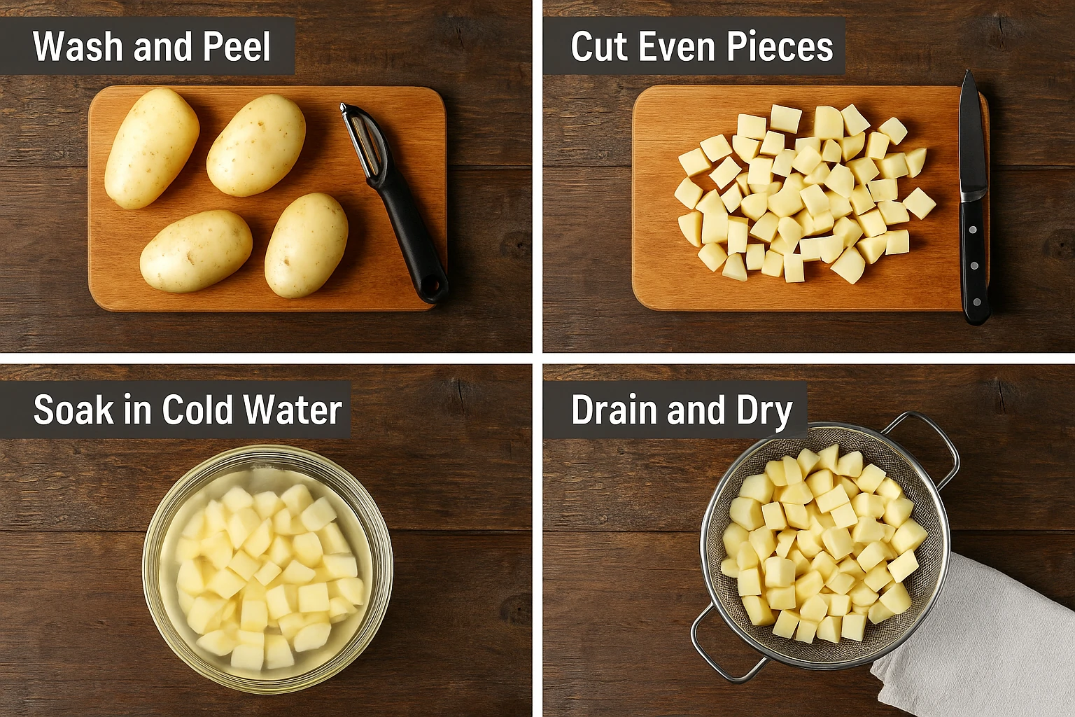 Four-step image collage showing how to prep potatoes for home fries, including washing and peeling whole potatoes, cutting them into even cubes, soaking them in cold water, and draining them in a colander.