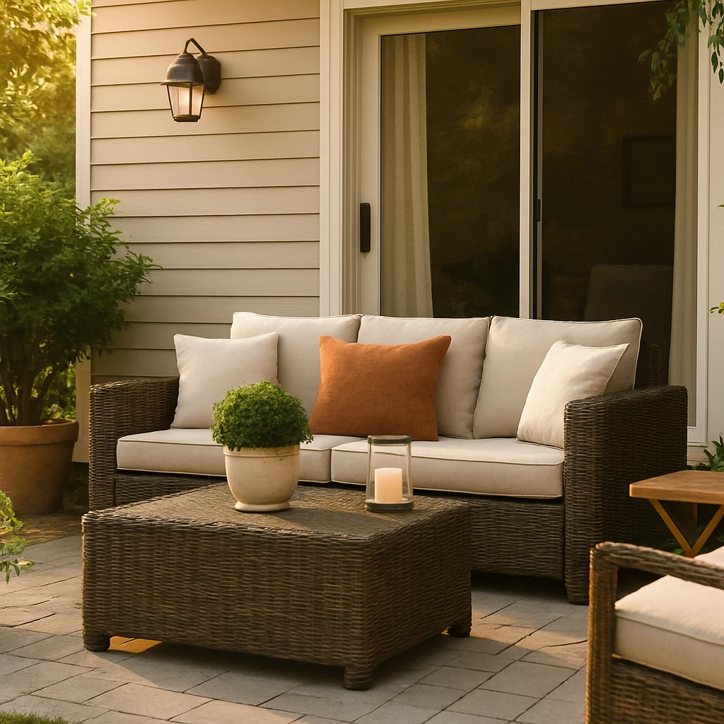Outdoor seating area with wood furniture, patio cushions, greenery, and warm lighting for relaxed outdoor living.