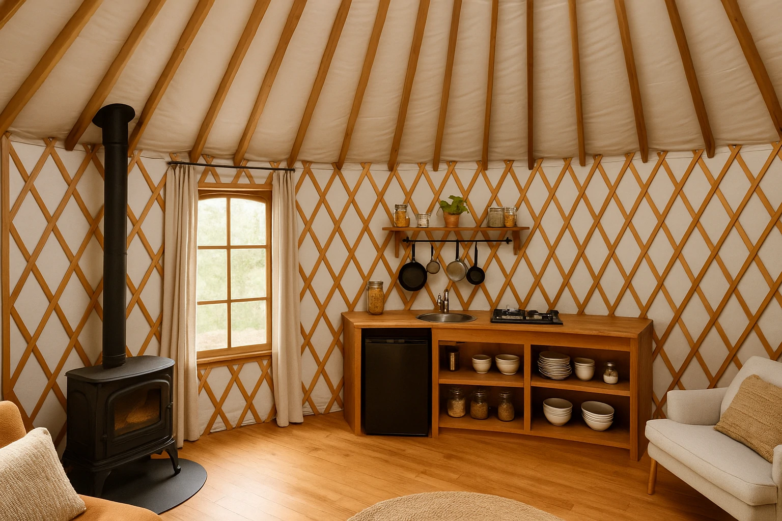 Yurt kitchen interior with wooden counter, open shelves, and a wood-burning stove
