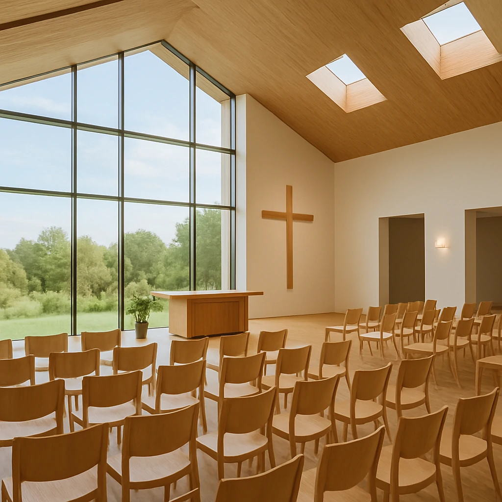 Bright modern church interior with chairs, a cross, skylights, and floor-to-ceiling windows.