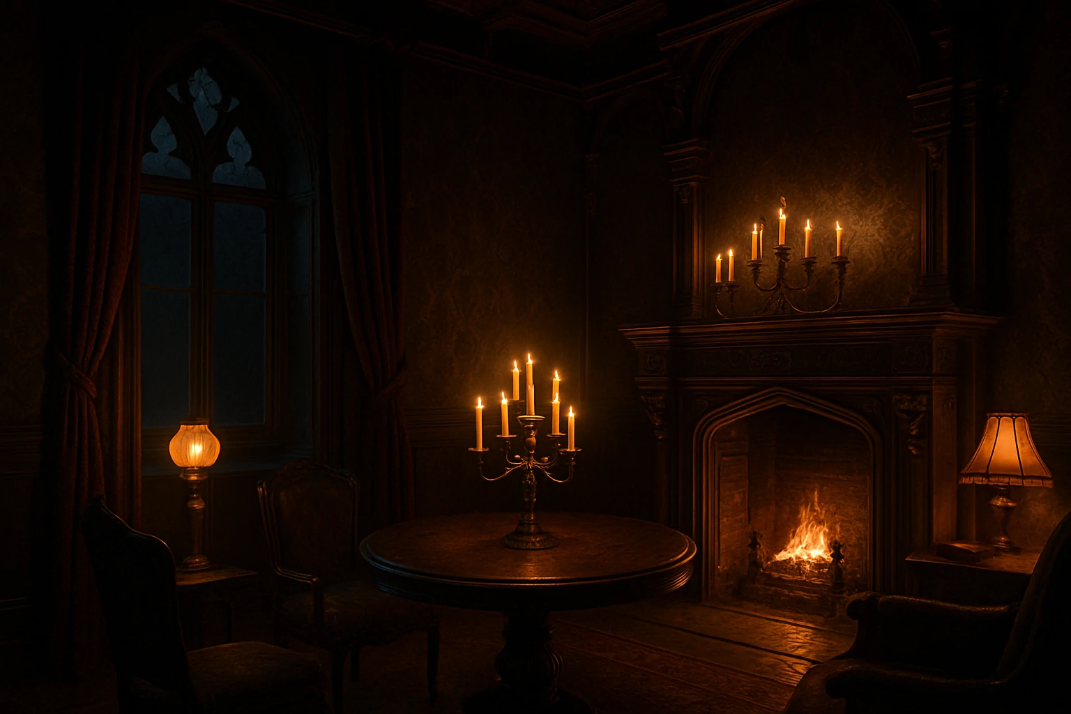 A dim Gothic room lit by candles, a fireplace, and a small lamp, showing how warm lighting and shadows create a dramatic mood.