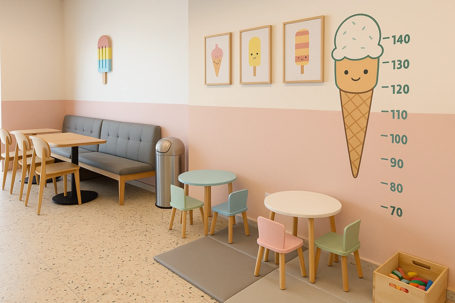 Kid-friendly seating area in an ice cream shop with colorful décor and soft lighting.