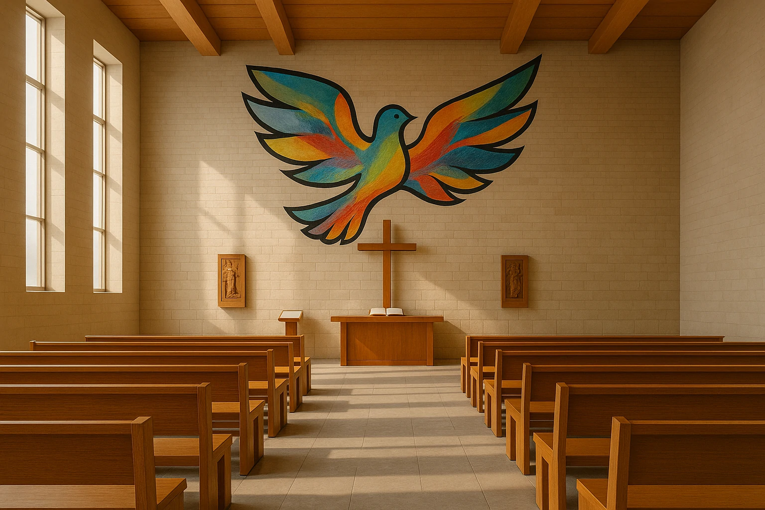 Church wall with abstract dove mural above a wooden cross and altar.