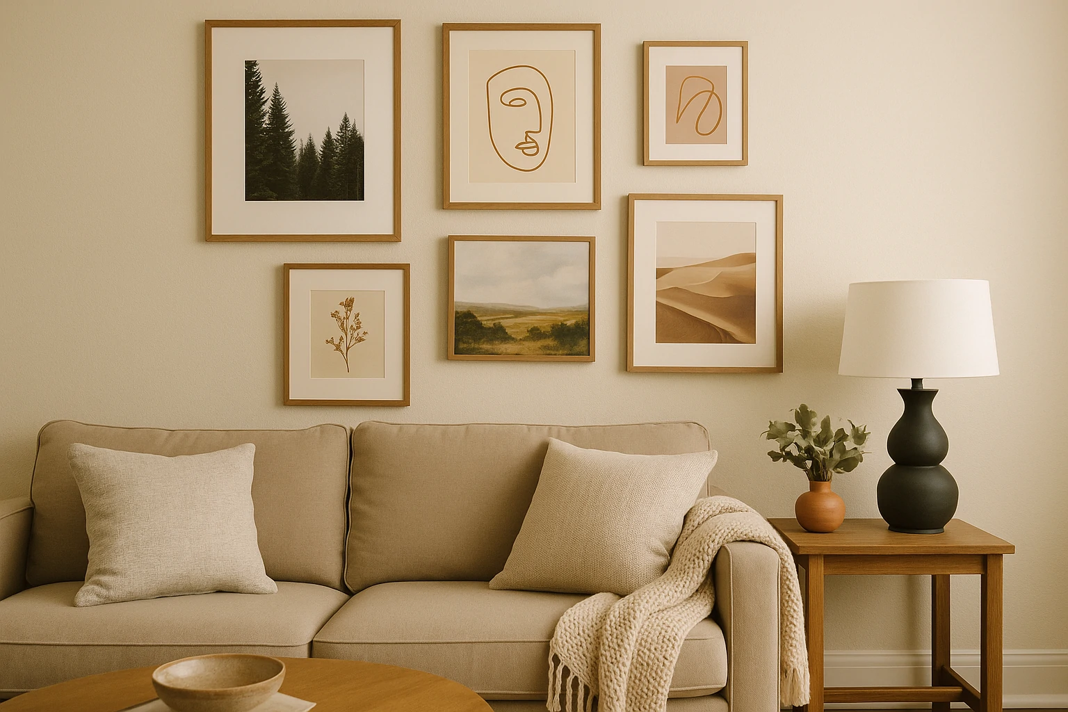 Living room corner with wall gallery art, pillows, woven decor, books, and green plant styled for a warm personal look.
