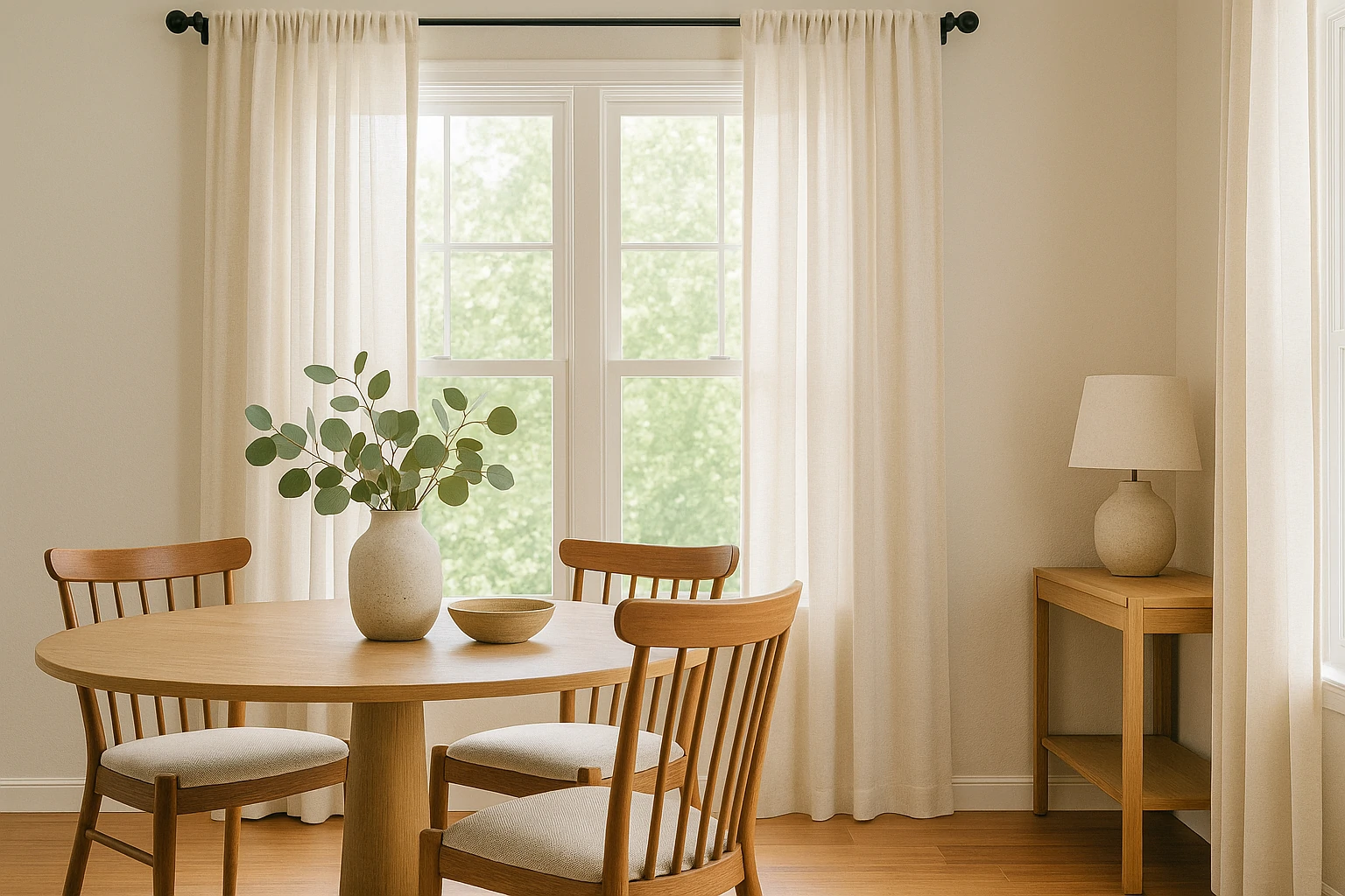 Sunlit dining room with soft linen curtains, natural wood furniture, plants, and a bright window view.