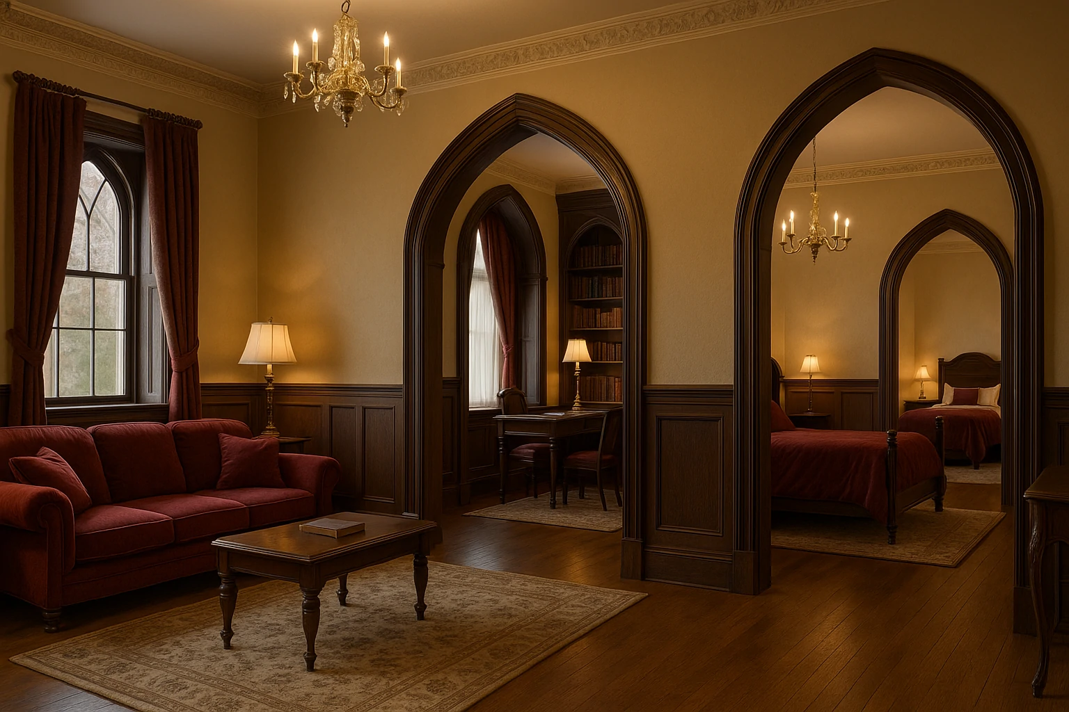 Victorian Gothic living room, study, bedroom, and dining room with warm lighting and dark wood.
