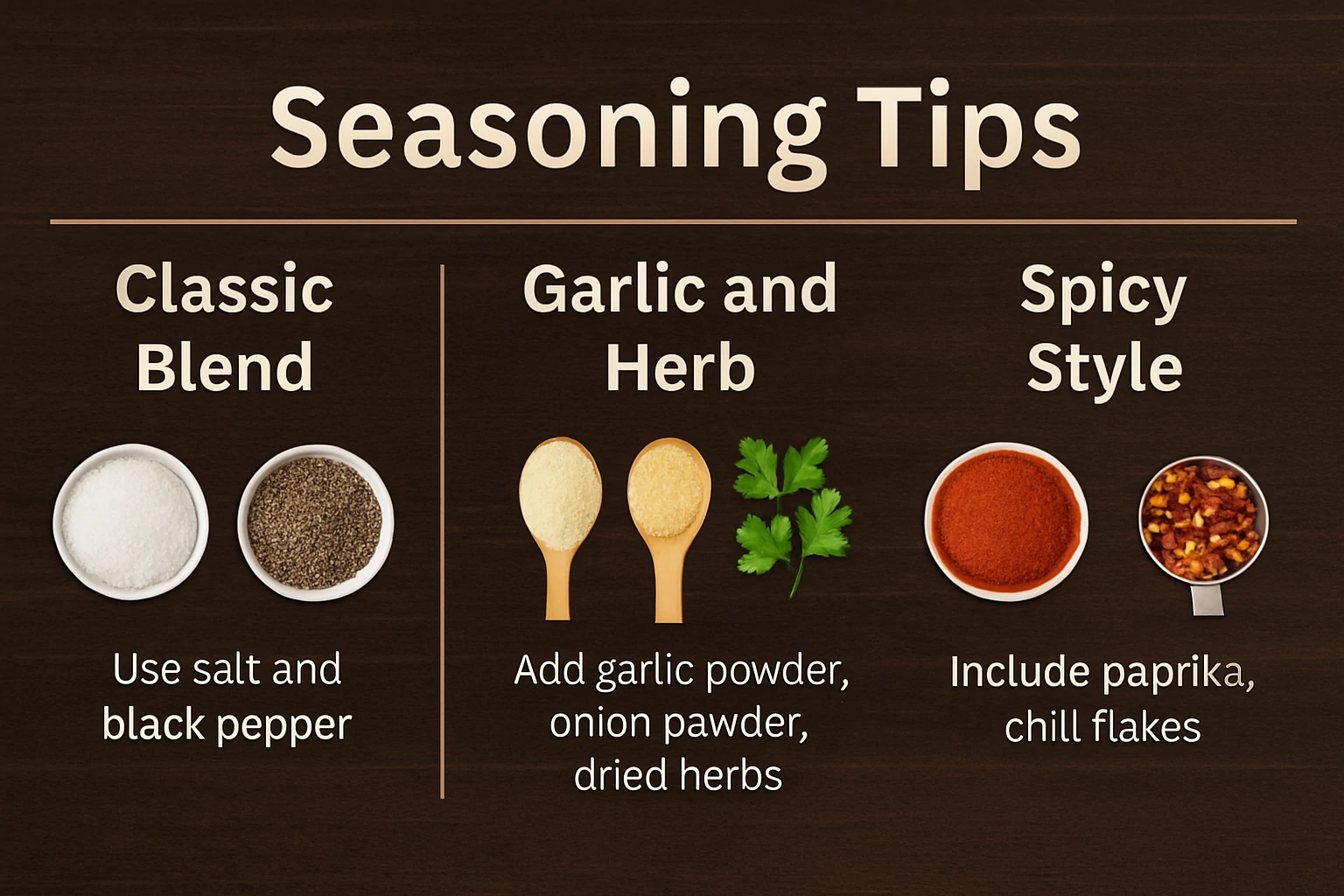 This Infographic showing three home fries seasoning styles: Classic Blend with salt and black pepper, Garlic and Herb with garlic powder, onion powder, and parsley, and Spicy Style with paprika and chili flakes.