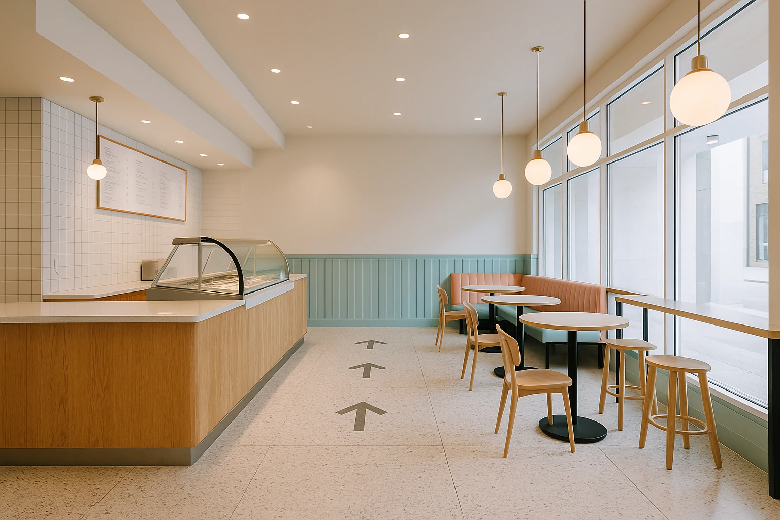 Ice cream shop interior showing a clean layout with a wood counter, pastel seating, and clear customer flow arrows on terrazzo flooring