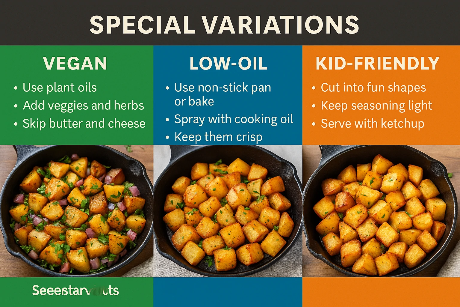 this image showing three home fries variations: vegan with olive oil and herbs, low-oil using a non-stick pan or oven, and kid-friendly with fun shapes, light seasoning, and a side of ketchup.