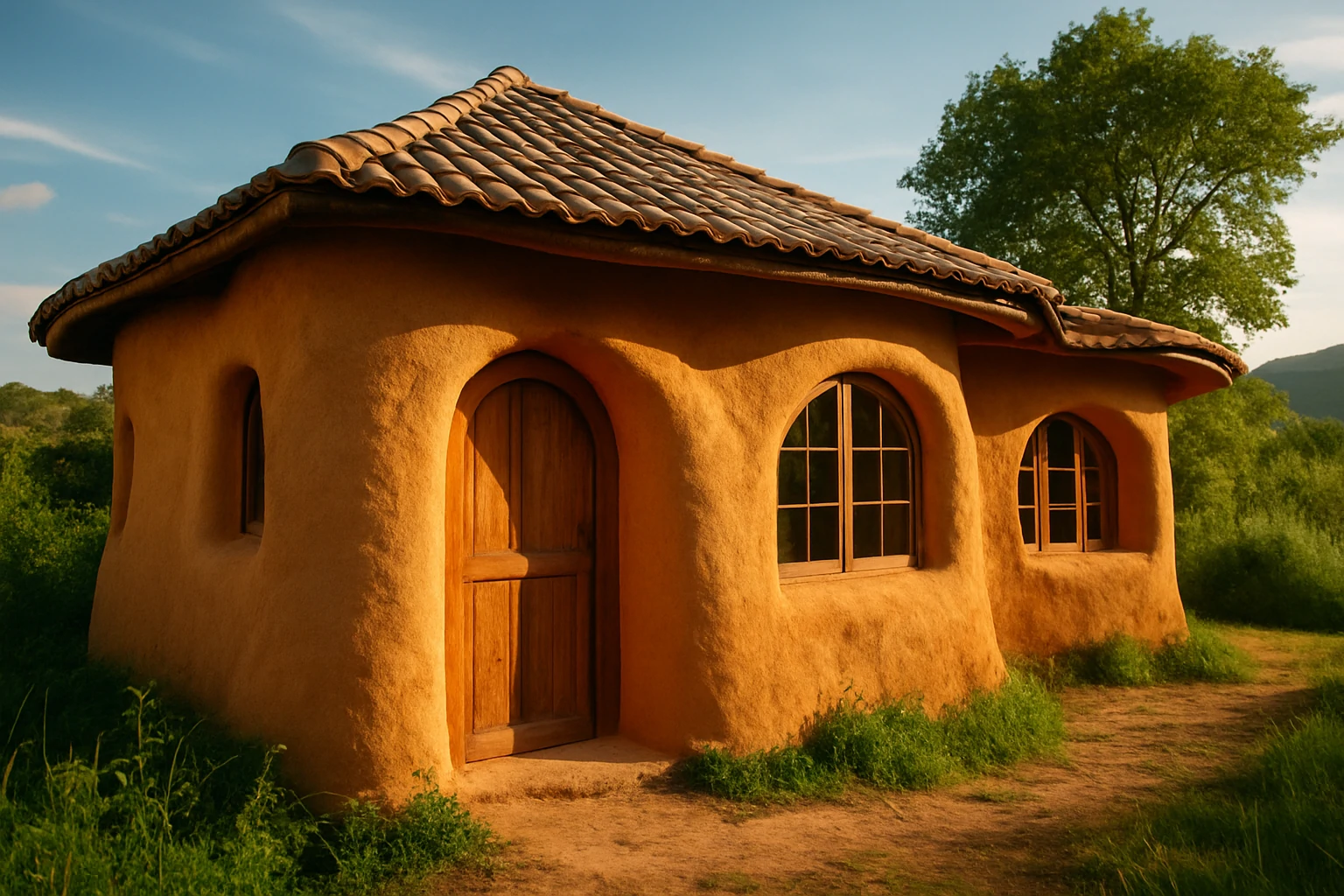 Curved cob house design with smooth walls, arched windows, and a wooden door in a green landscape.
