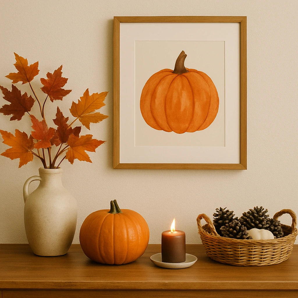 Fall-themed console display with pumpkin art, real pumpkin, candle, basket of pinecones, and autumn leaves in a ceramic vase.