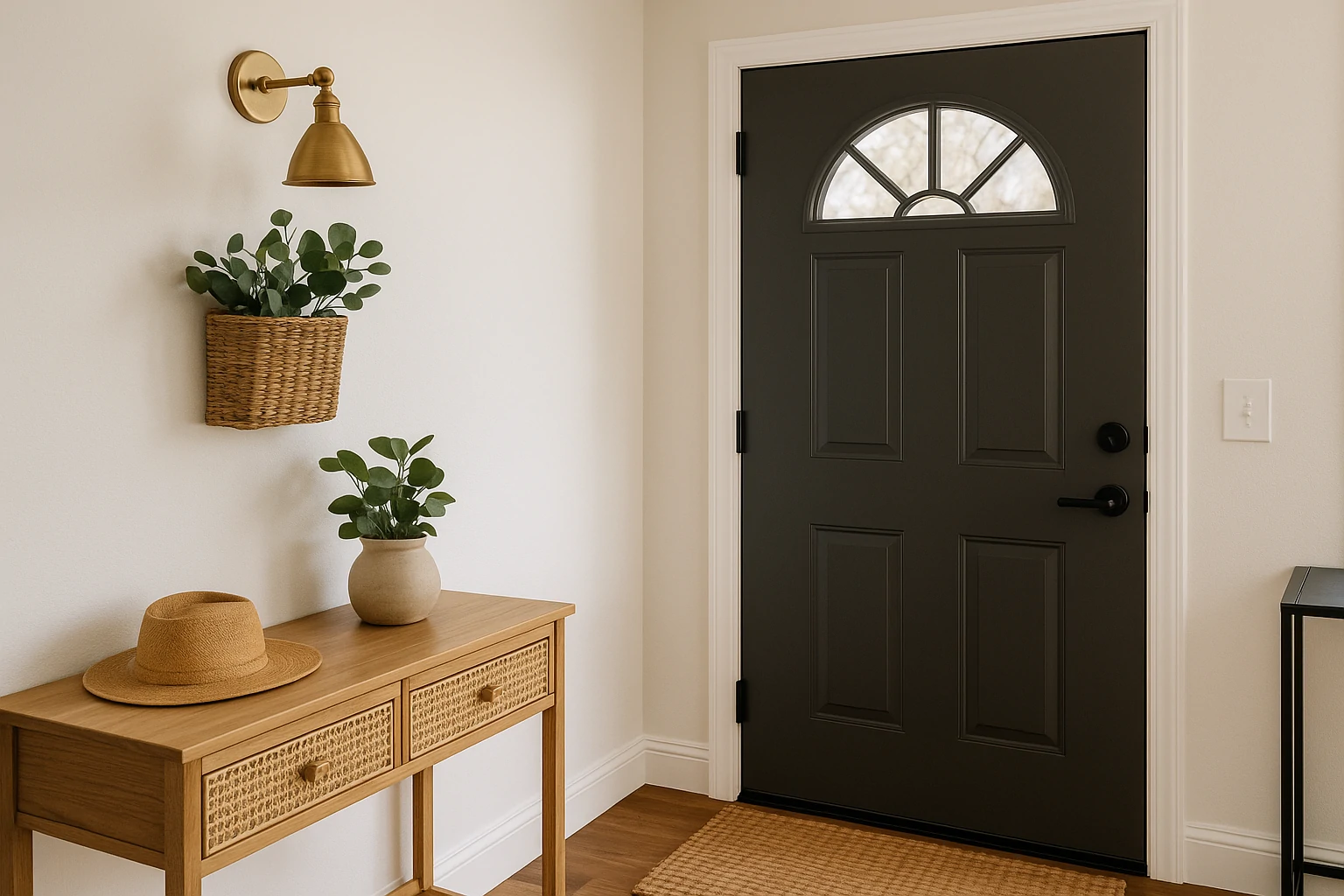 Modern entryway with dark front door, woven decor, indoor plants, wood console table, and warm brass wall sconce.