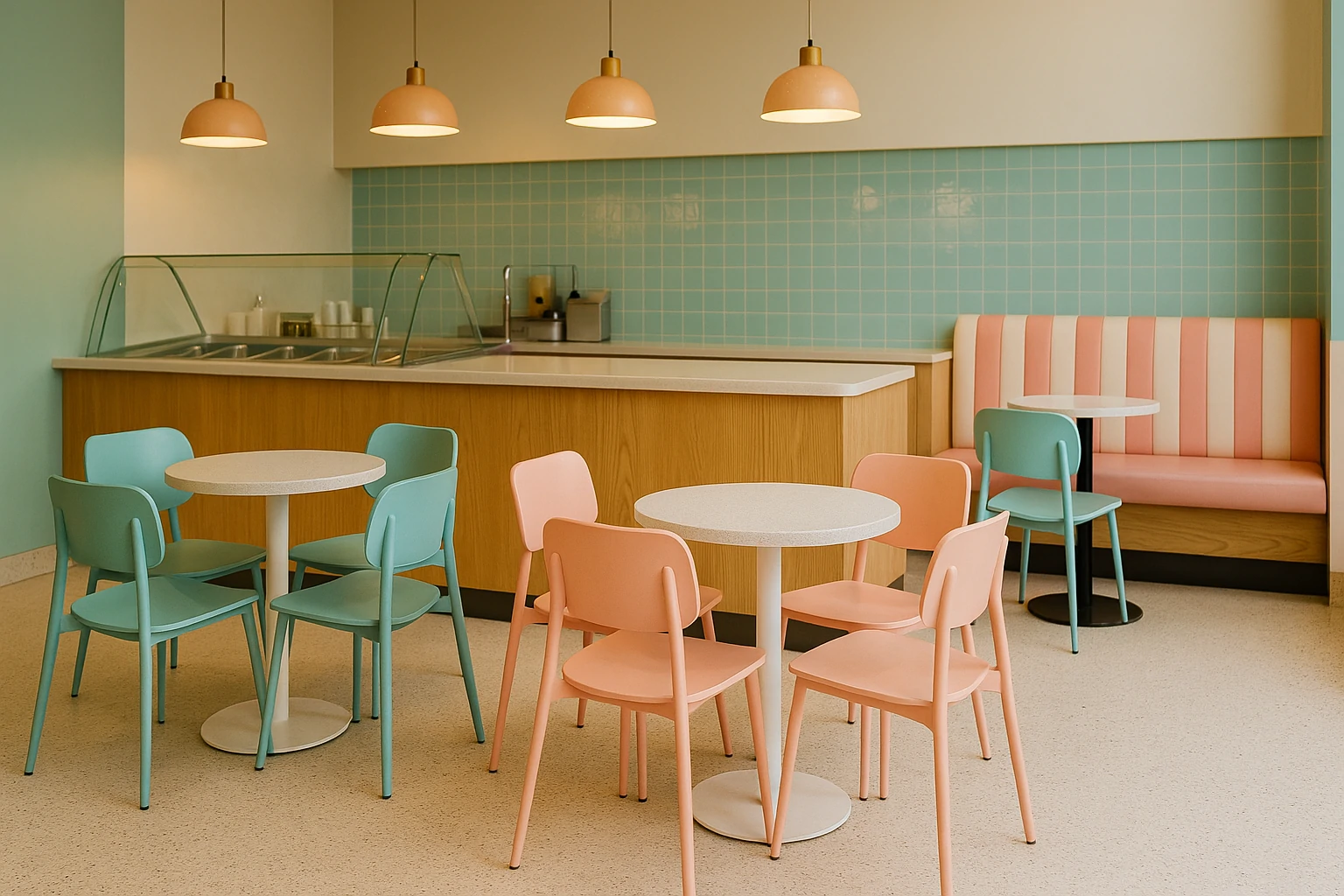 Ice cream shop interior showing pastel pink and blue chairs, striped booth seating, and soft pendant lighting