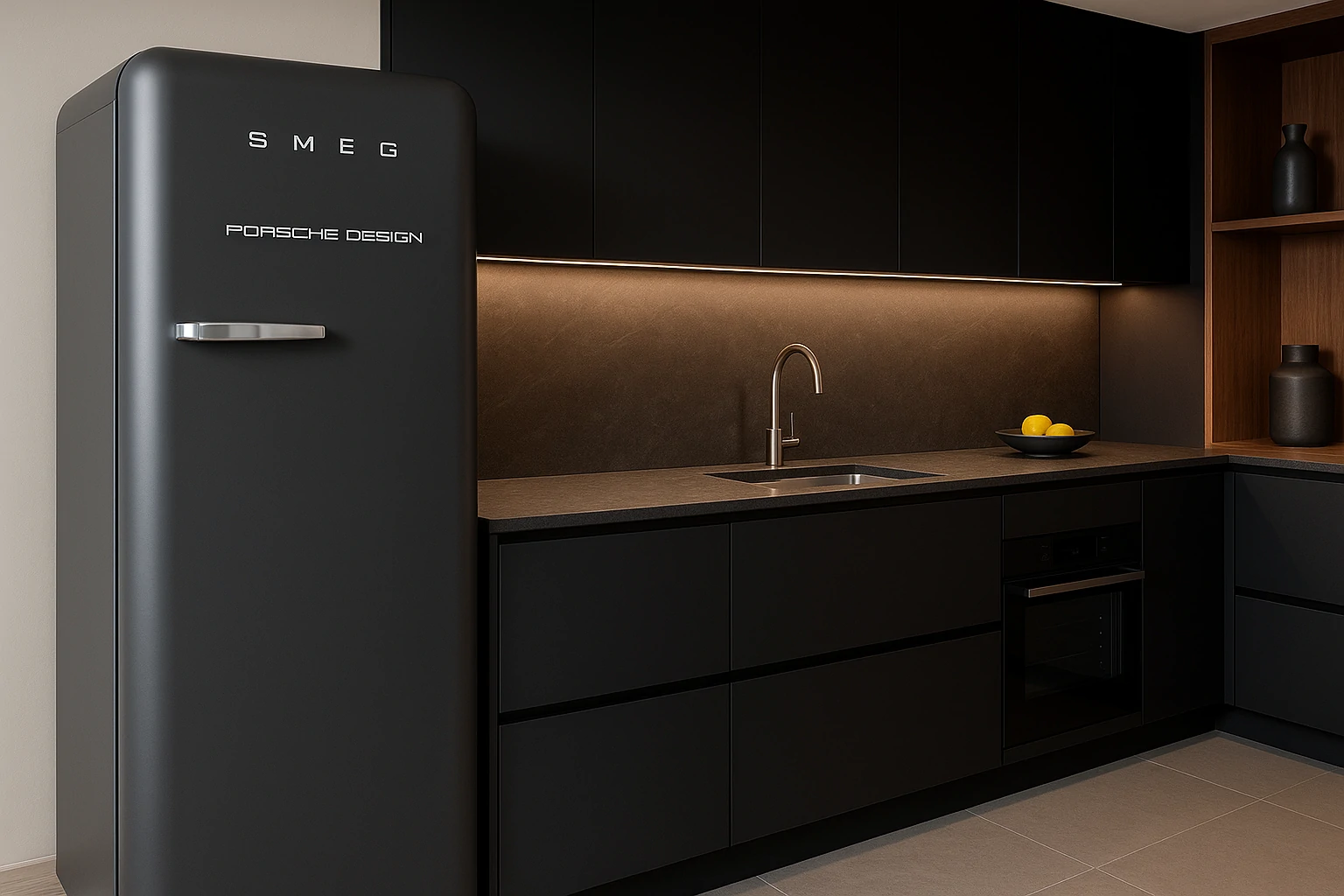 Modern kitchen interior with Smeg × Porsche fridge, premium finishes, and built-in lighting