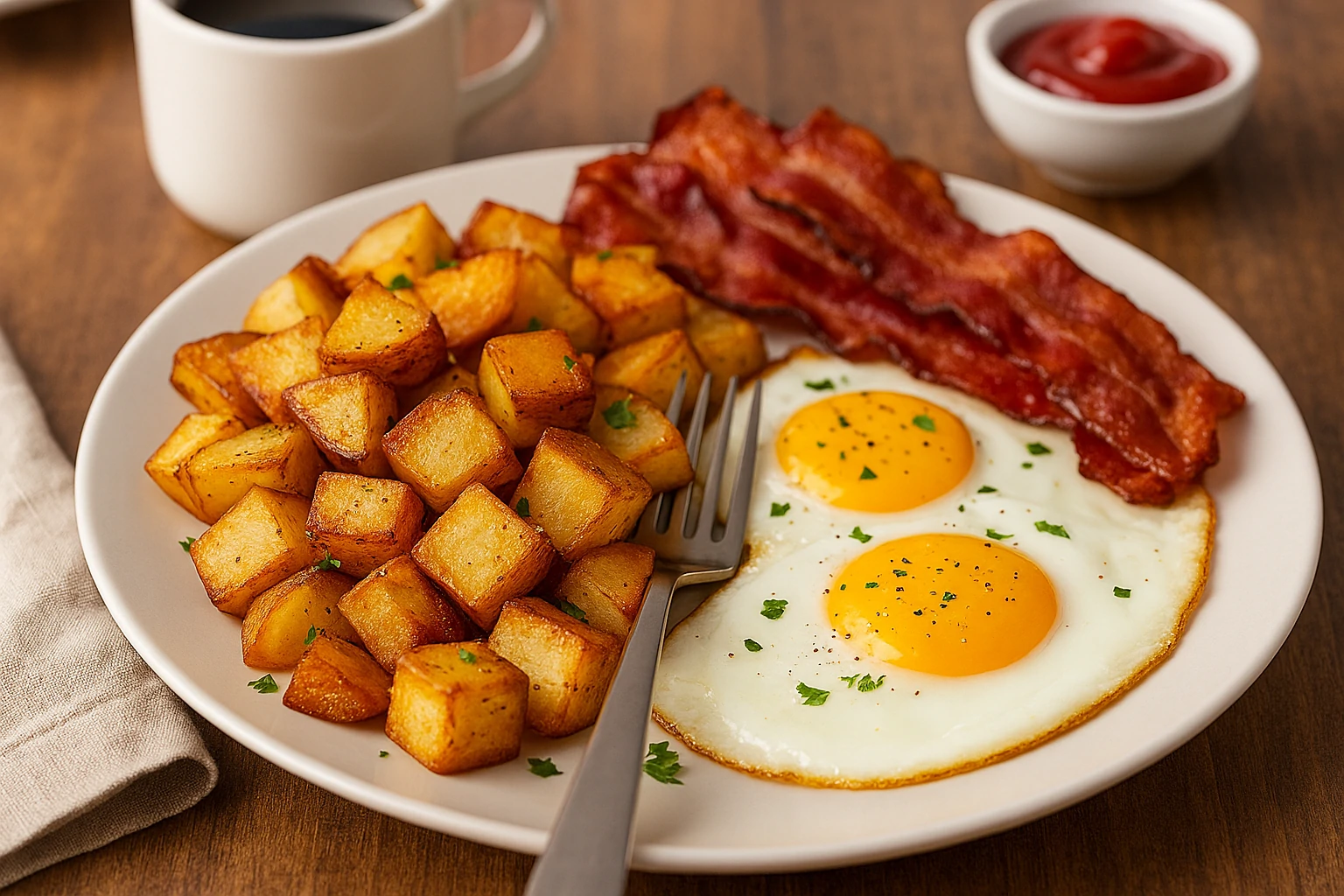 Crispy home fries served with two sunny-side-up eggs and bacon on a white plate, set on a rustic wooden table with coffee and ketchup in the background.