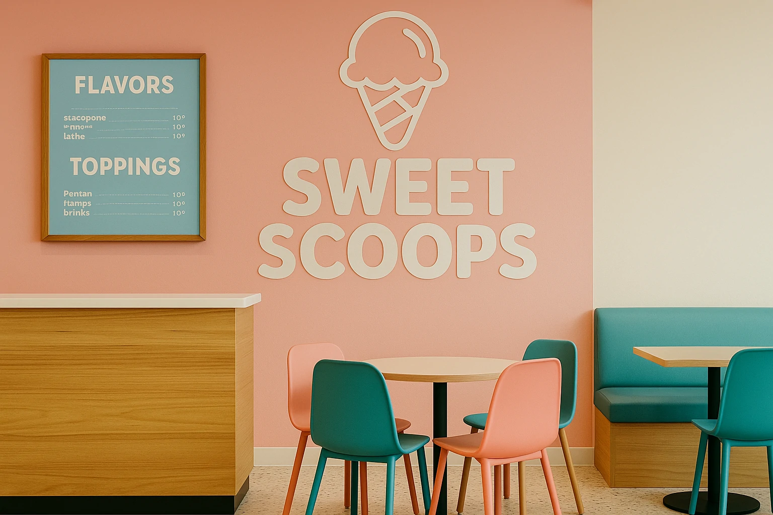 Contemporary ice cream shop showing a branded neon logo, custom colors, and signature design elements.