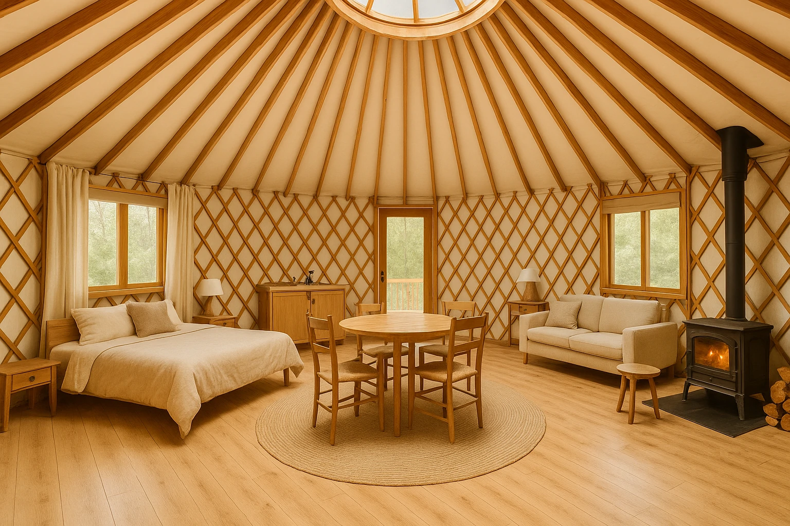 Open yurt interior showing sleeping, dining, and living zones under a skylight