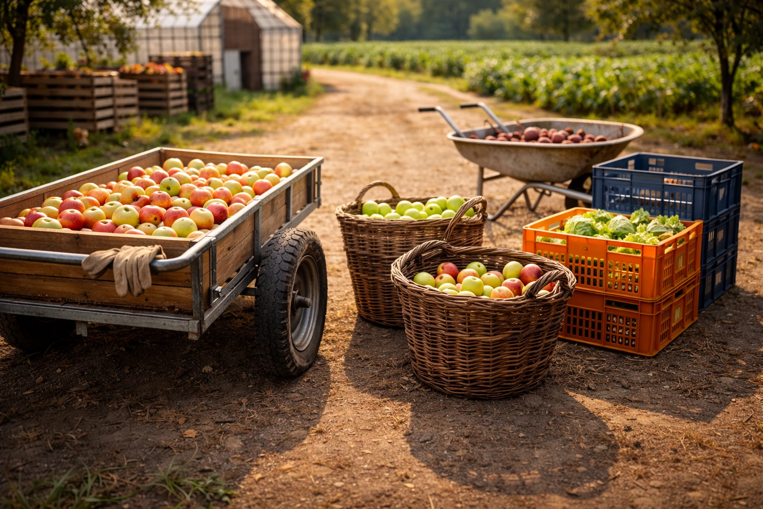 A wooden afruimwagen, wicker baskets, plastic crates, and a metal wheelbarrow used for harvest, set on a farm path with crops in the background.
