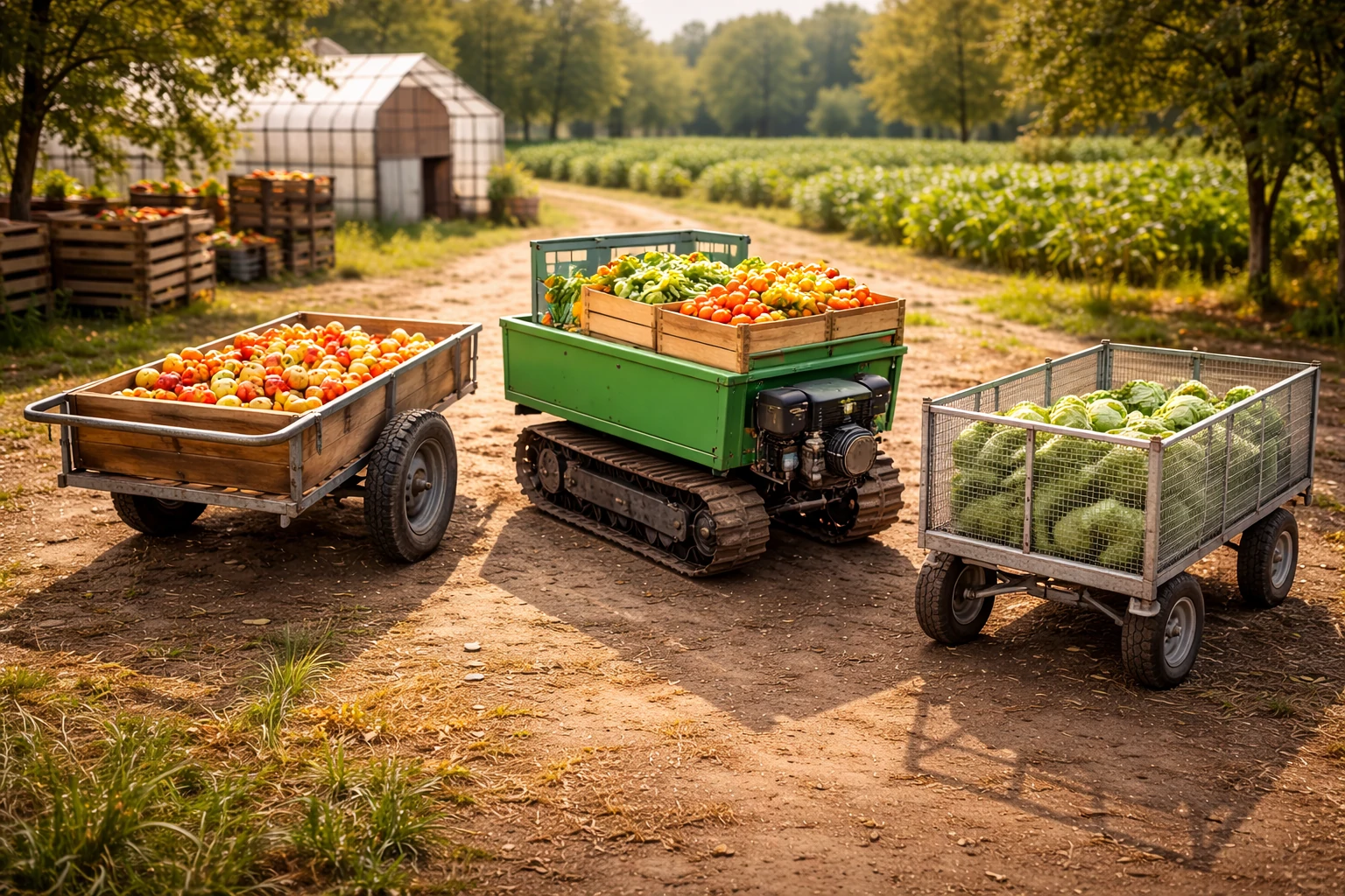 Three types of afruimwagens on a farm: wooden push cart, tracked motor cart, and metal mesh trailer, each filled with fresh produce.