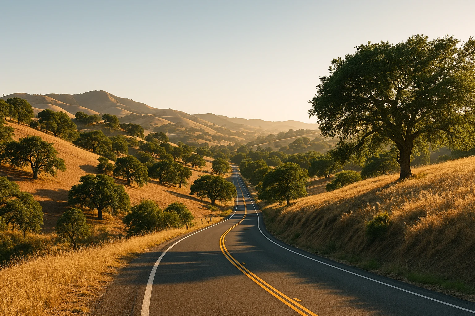Scenic two-lane road winding through golden hills and oak trees at sunset