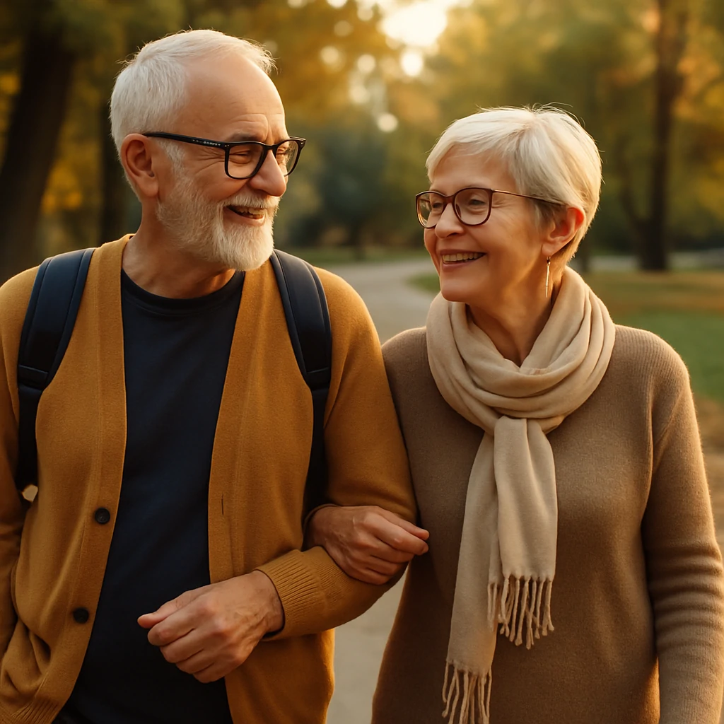 Elderly couple enjoying a peaceful walk through a sunlit park in Atascadero during retirement