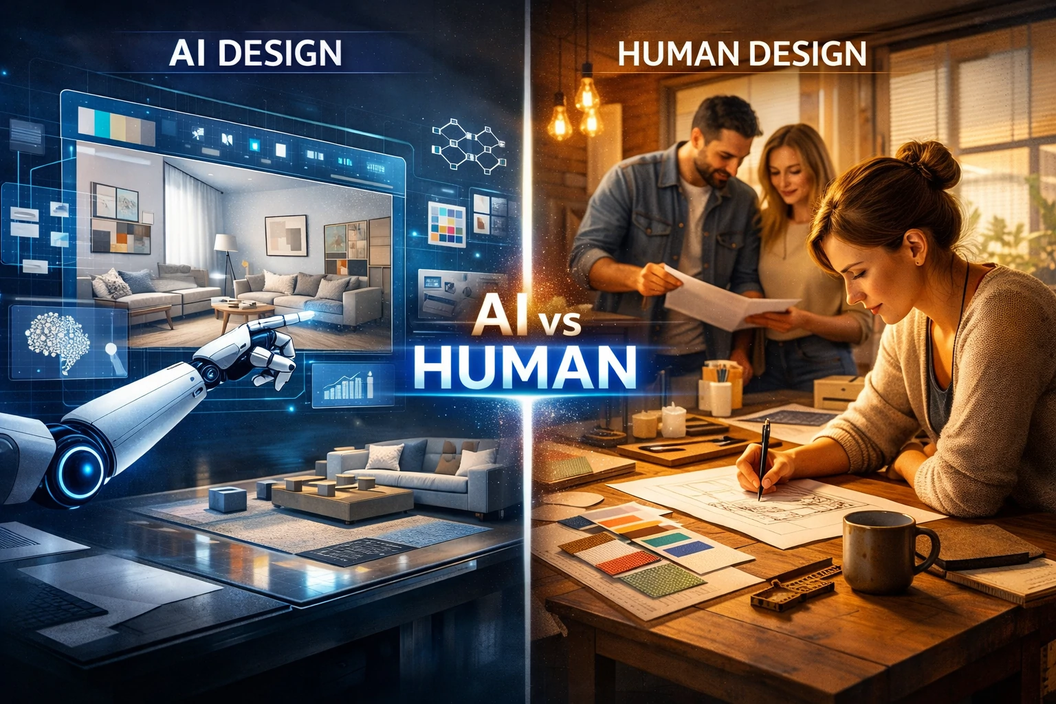 Digital art showing AI hand and human hand facing each other with glowing effects