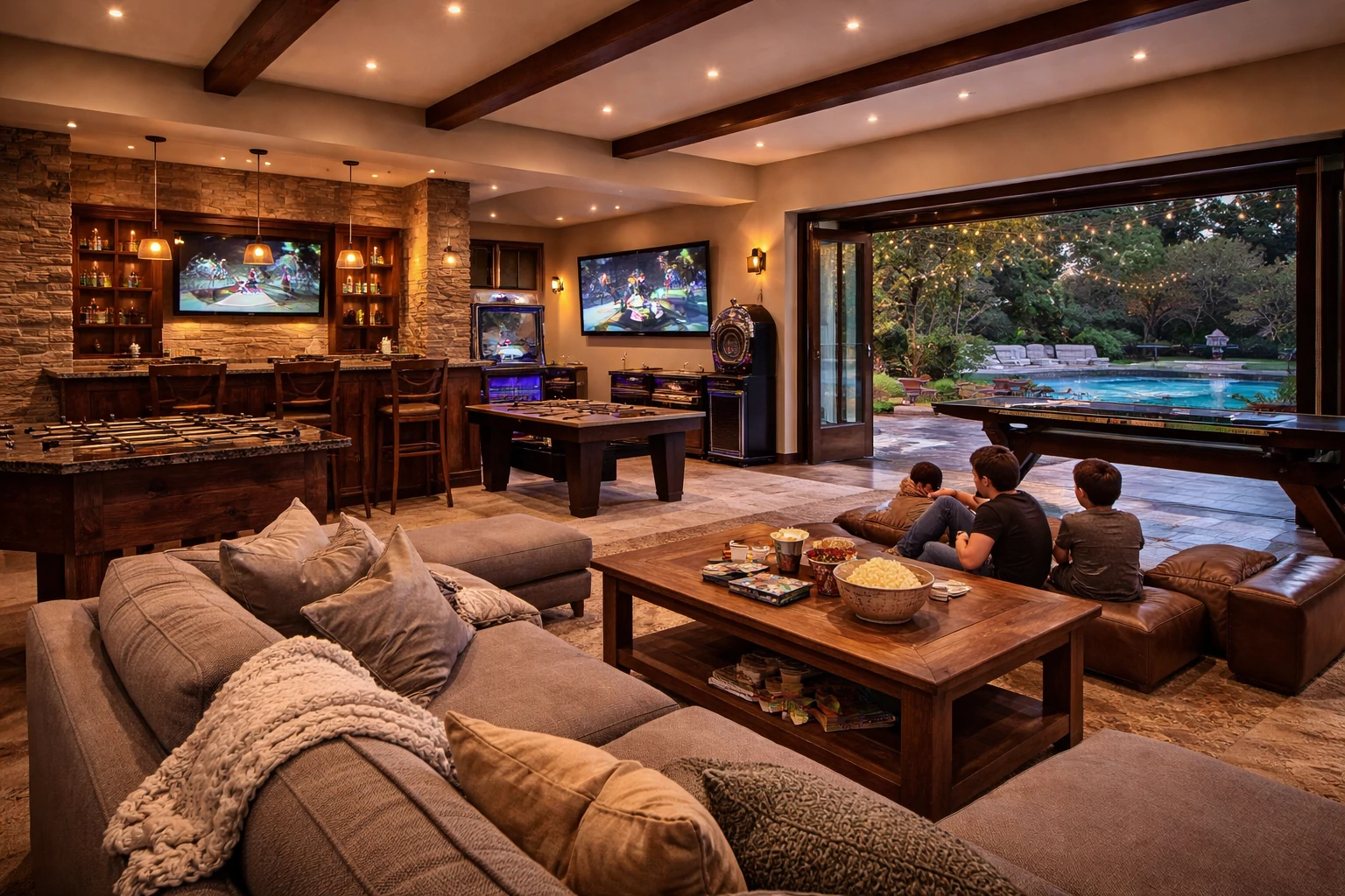 Spacious family entertainment room with cozy seating, arcade games, foosball table, and a view of a pool-lit backyard at dusk.