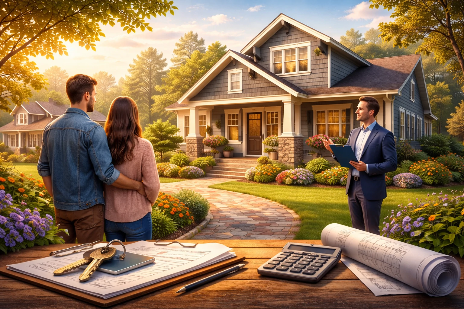A young couple viewing a suburban house with a real estate agent on a sunny day, with house plans and keys on a table in the foreground.