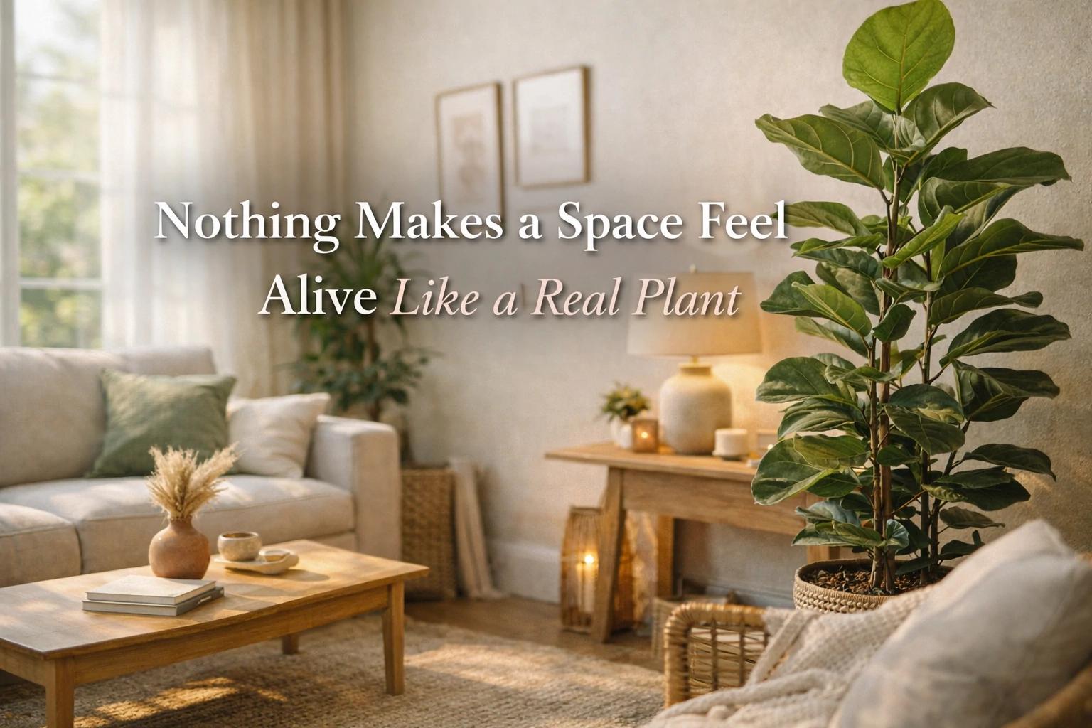 Bright corner of a living room with a large green plant in a woven basket, next to cozy furniture and soft lighting, reflecting Mintpaldecor’s style