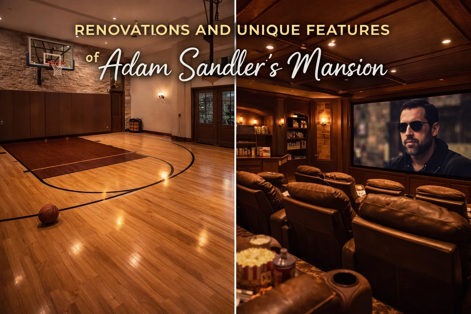 Detailed view of Adam Sandler’s upgraded home interior with a cozy movie room, updated kitchen, and soft ambient lighting reflecting recent renovations.