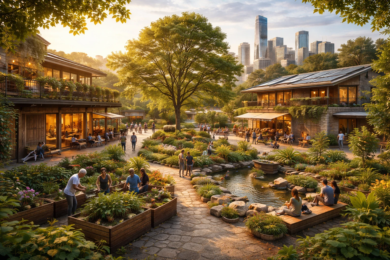 People gathering in a vibrant urban garden space built with care and heart.