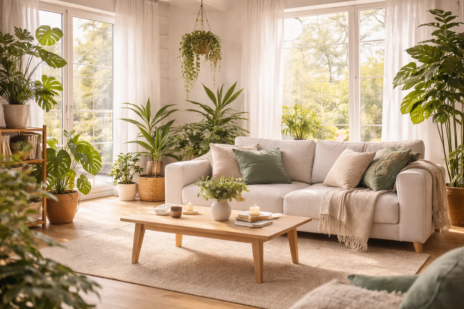 Bright living room with indoor plants, wooden furniture, and soft natural light showing biophilic design elements