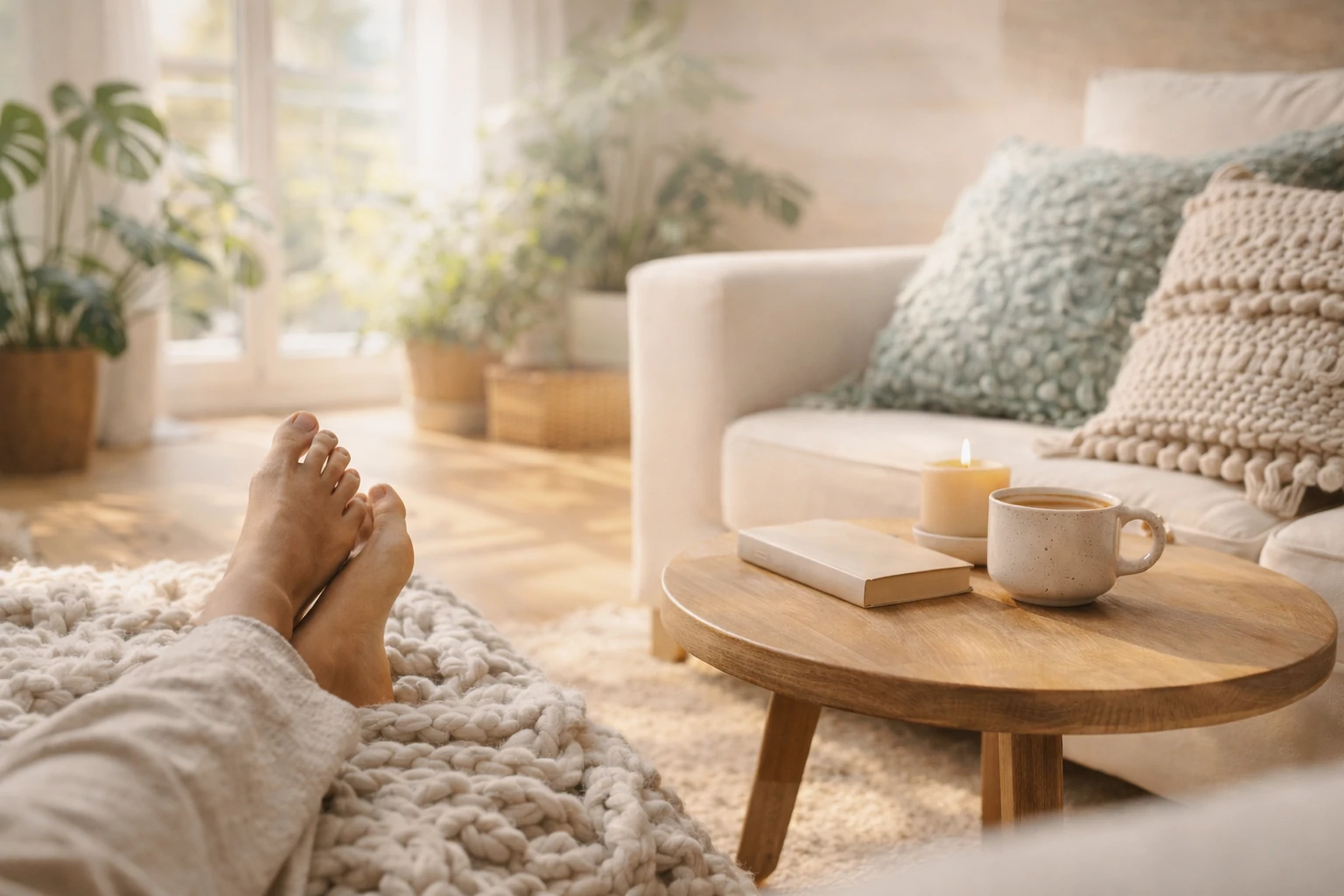 Feet resting on a cozy knitted blanket in a bright living room with soft pillows, wooden table, and warm natural light